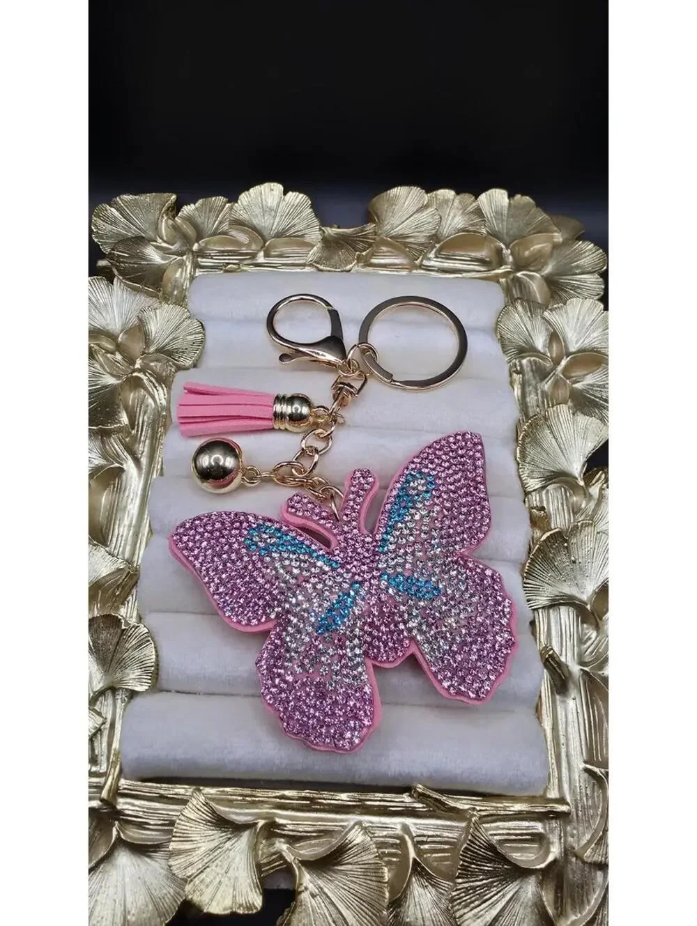 Pink Rhinestone Butterfly Keychain with Tassel - Picture 3 of 4